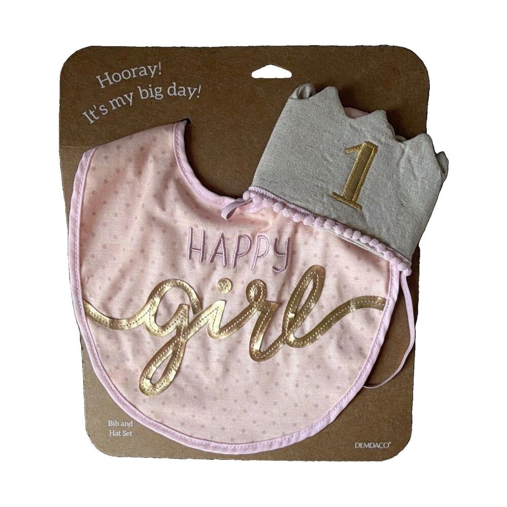 DEMDACO 1st Birthday Bib Happy Girl Pink/Gold Hook & Loop Closure